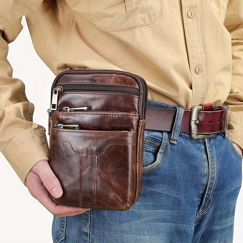(image for) Ekphero Men's Genuine Leather Crossbody Bag with Zipper Mobile Phone Shoulder Bag Small Travel Waist Bag Multi-Pockets Male Belt Waist Packs